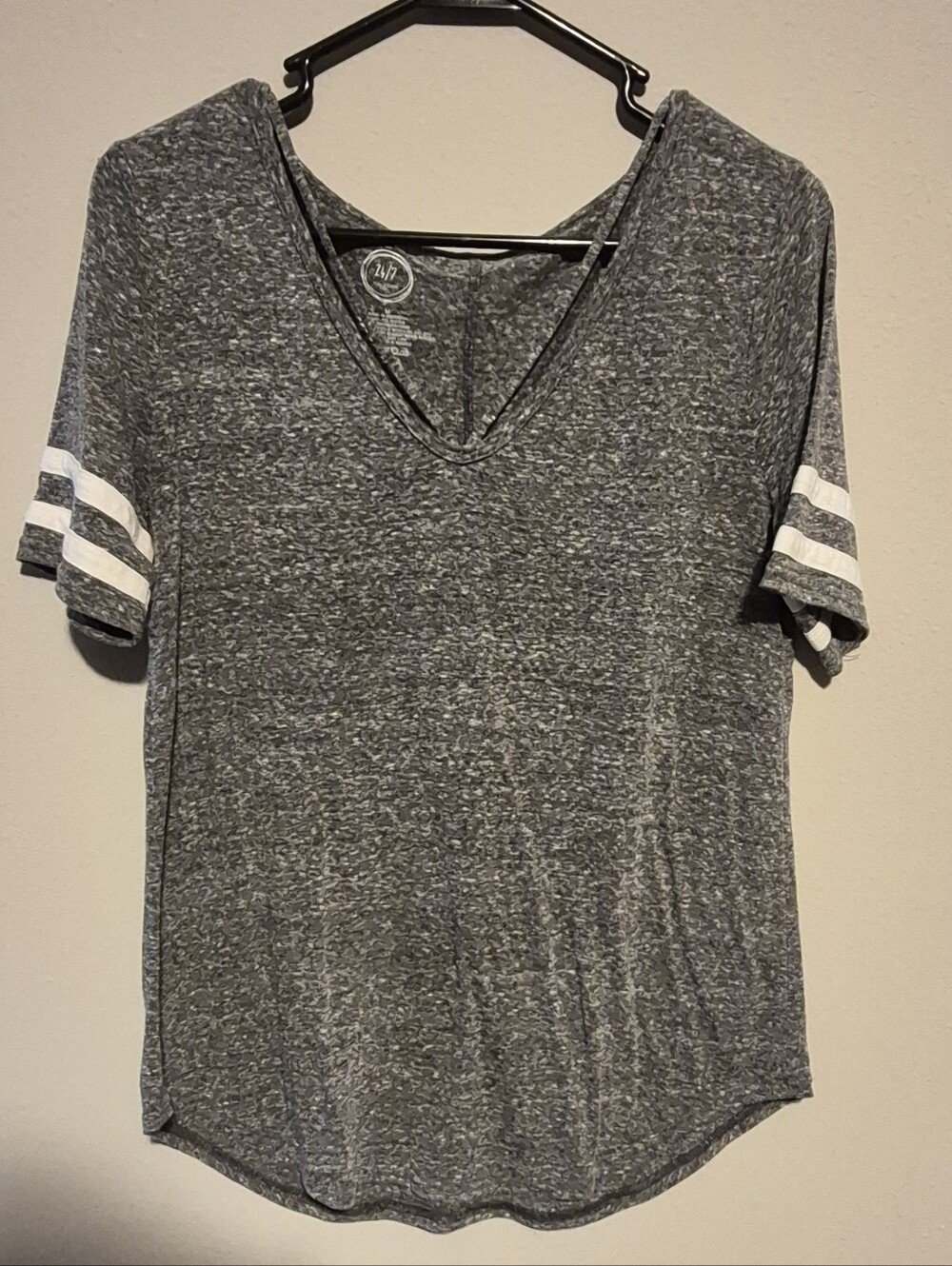 Maurices 24/6 V-Neck Short Sleeve Top with White Sleeve Stripes
